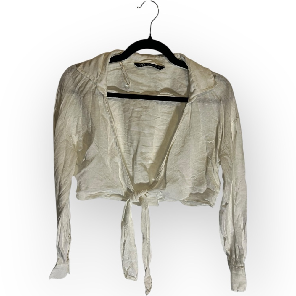 Zara Cropped White Tie Blouse - Picture 1 of 2
